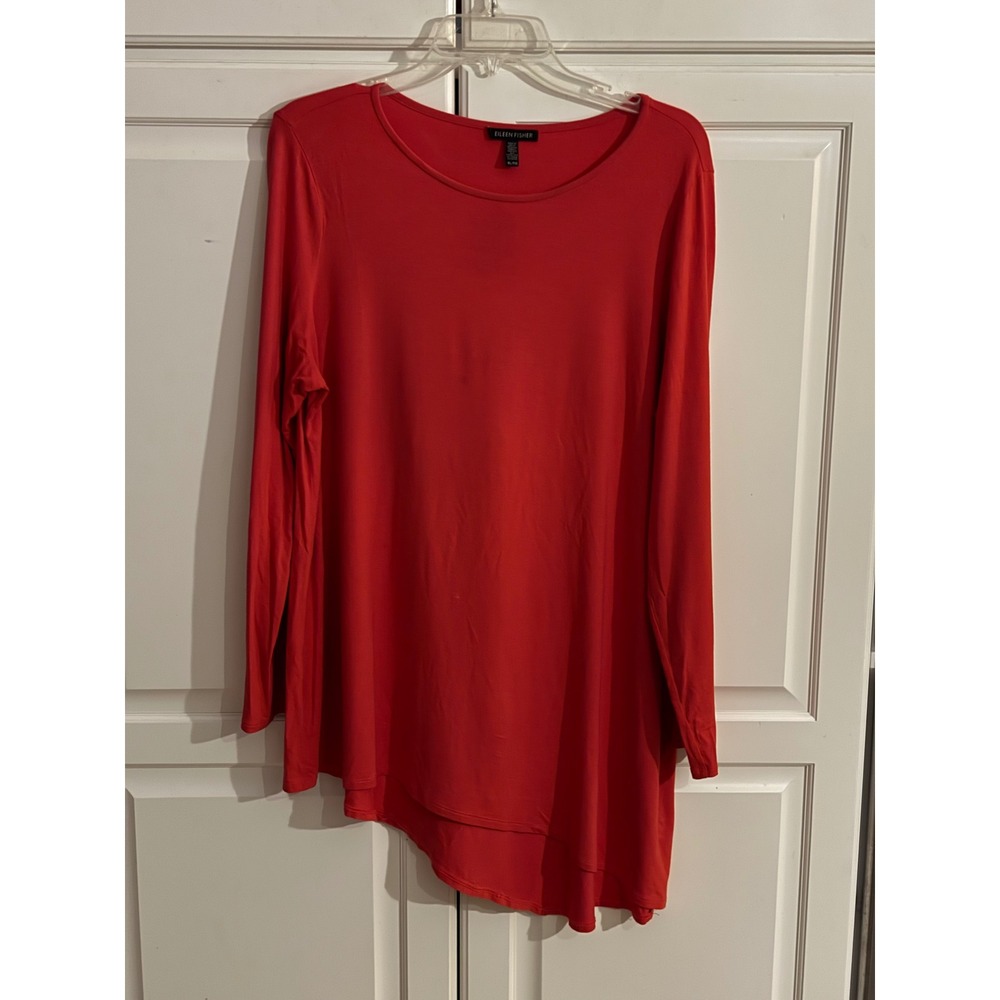Eileen Fisher Red Viscose Jersey Asymmetrical Hem Long Sleeve Tunic Top XL